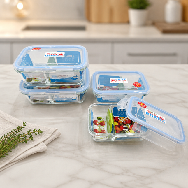 KBIG STORE Double Lock Borosilicate Glass Food Storage Container with Divider (4 Sizes) – BPA Free – Oven & Microwave Safe