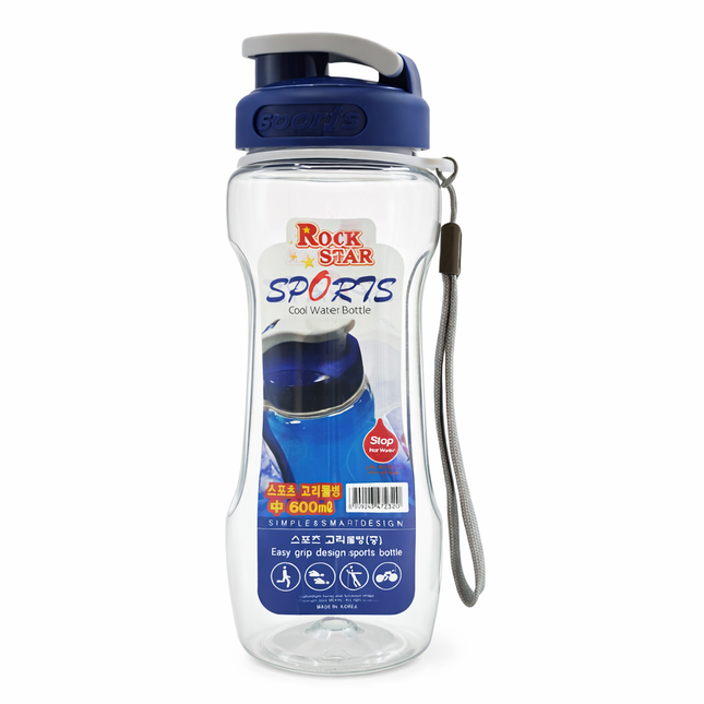 Rock Star Sports 600ml Easy-Grip Water Bottle with Flip-Top Lid & Hanging Lanyard – Made in Korea