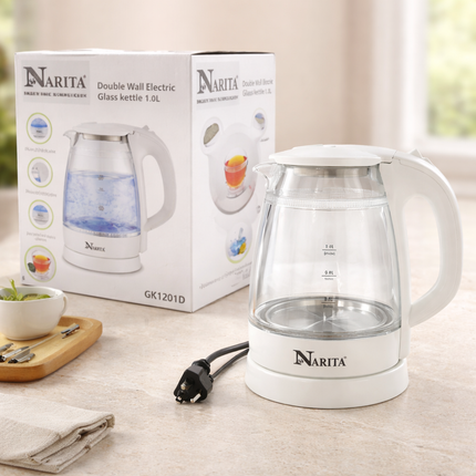 Narita Double Wall Pyrex Glass Electric Kettle with Blue LED (1.0L) – Cordless Electric Kettle – 360° Rotating Power Base