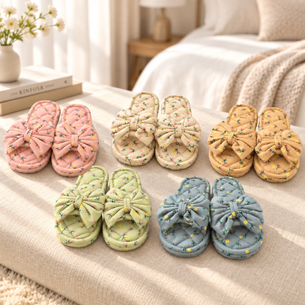 Women’s Triple-Padded Quilted House Slippers with Bow Ribbon & Floral Print - 5 Colors