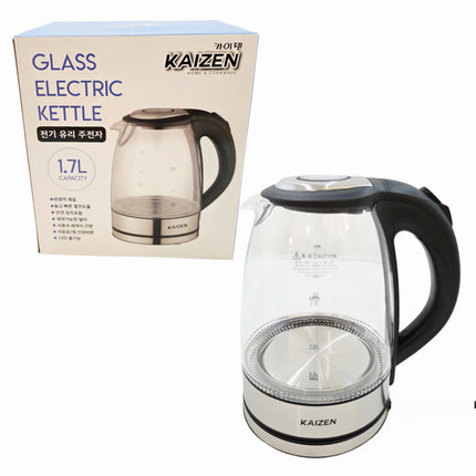 Kaizen 1.7L Electric Glass Kettle with Blue LED – Cordless Electric Kettle with 360° Rotating Power Base – Stainless Trim
