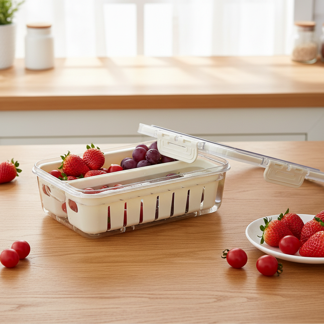 Small Snap-Lock Produce Storage Container w/ Dual Removable Strainers & Clear Lid