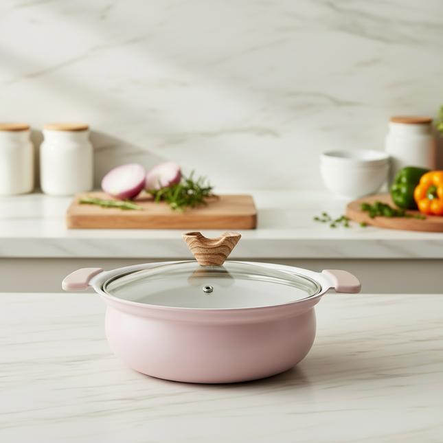 Coronto IH Ceramic Coated Tabletop Pot with Glass Lid — 18cm (7.1 in), Smoky Pink - Non-Stick, Induction Ready