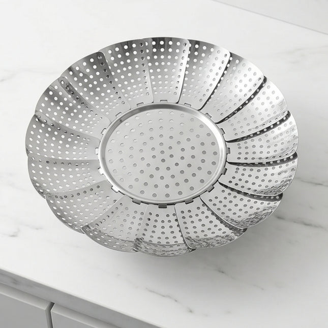 Stainless Steel Expandable Folding Steamer Basket with Folding Legs – 3 Sizes (Small, Medium, Large)