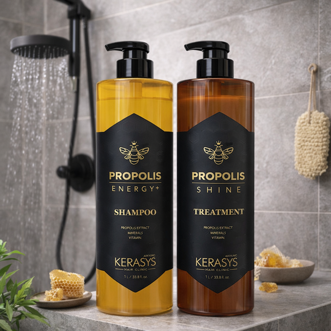 Kerasys Propolis ("Energy+" Shampoo or "Shine" Treatment Conditioner) (1L / 33.8 fl oz) – Nutrient-Rich Repair – Strength & Gloss – Made in Korea