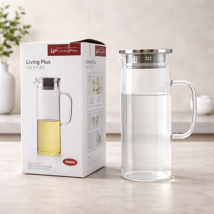 Living Plus Glass Water Jar (1200mL) – Heat-Resistant Glass Pitcher with Stainless Steel Lid