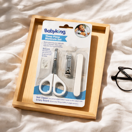 Babyking Baby Nail Care Manicure Set (3-Piece) - Infant Nail Clippers, Rounded Safety Scissors & Emery Board