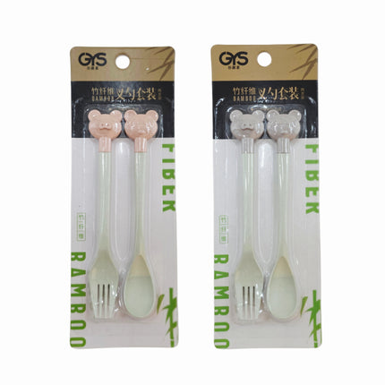 Bamboo Fiber Kids Fork & Spoon Set – 6” Long - Animal Handle (Pink or Gray)