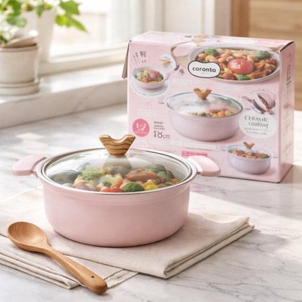 Coronto IH Ceramic Coated Tabletop Pot with Glass Lid — 18cm (7.1 in), Smoky Pink - Non-Stick, Induction Ready
