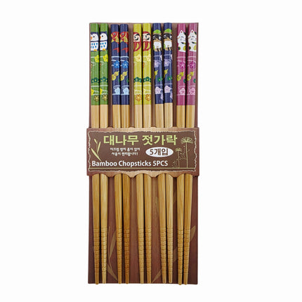 Dasom Bamboo Chopsticks 5 Pairs - Assorted Floral & Character Designsb(Owl, Fish, Daruma-Man, Raccoon, Cat)