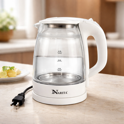 Narita Double Wall Pyrex Glass Electric Kettle with Blue LED (1.0L) – Cordless Electric Kettle – 360° Rotating Power Base