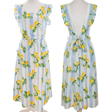 Coastal Lemon Ruffle Apron Dress with Pockets & Back Tie (Golaga Exclusive) - Blue Lemon Stripe Kitchen Aprons