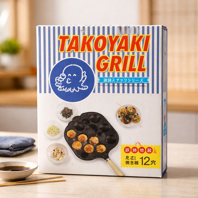 Takoyaki Grill Pan (12 Holes) - Cast Iron Stovetop Pan with Wooden Handle
