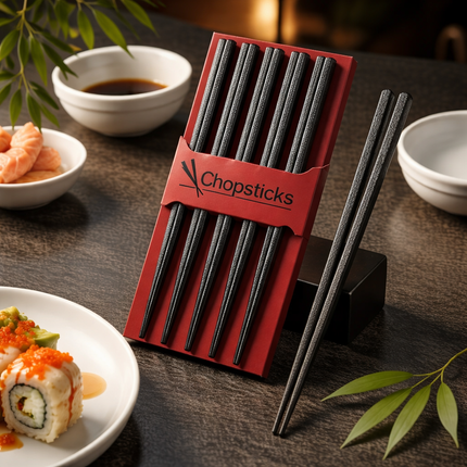 JW Textured Fiberglass Chopsticks Set (5 Pairs) - Black - 8.75" - Reusable Chopsticks