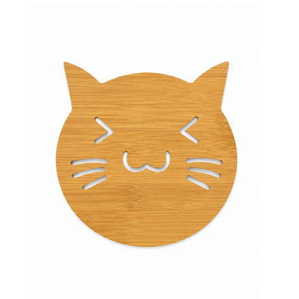 Home Art Bamboo Round Cat Design Trivet with Non-Slip Feet – 5.8" Diameter – Hot Pot Stand