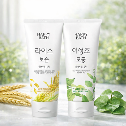 Happy Bath Facial Cleansing Foam (Rice Soft Moisture or Heartleaf Deep Pore) – 200g – Made in Korea