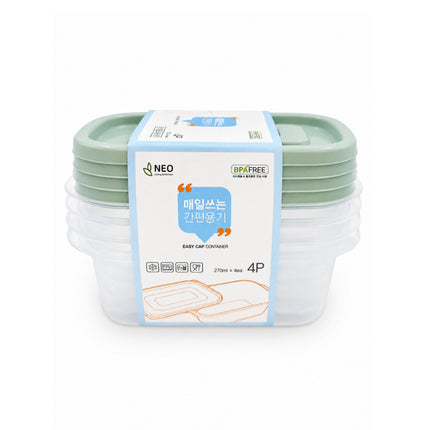 NEO Easy Cap Rectangular Food Storage Container Set - 270 mL (9.1 oz) x 4 Pack - BPA Free - Microwave-Safe - Made in Korea