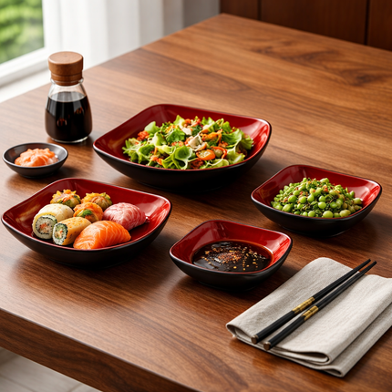 Red & Black Square Melamine Plates (4 Sizes) - Rounded Edge Sauce & Serving Dishes