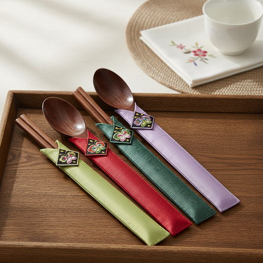 Traditional Korean Wooden Spoon & Chopsticks Set with Embroidered Fabric Sleeves (2 Spoons, 2 Pairs of Chopsticks, 10") - Made in Korea
