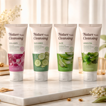 FOODAHOLIC Nature Foam Cleansing – Korean Facial Cleanser (Aloe, Cucumber, Green Tea, Collagen | 150ml) - Made in Korea