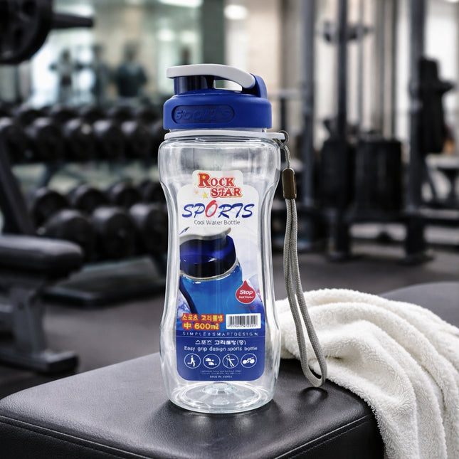 Rock Star Sports 600ml Easy-Grip Water Bottle with Flip-Top Lid & Hanging Lanyard – Made in Korea