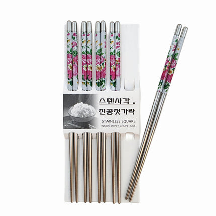 DASOM Lightweight Hollow Stainless Steel Chopsticks (5 Pairs) - Rounded Metal - White & Pink Floral Handle