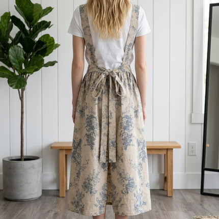 Vintage Floral Linen Cotton Blend Apron Dress with Pockets & Adjustable Shoulder Straps - Kitchen Aprons