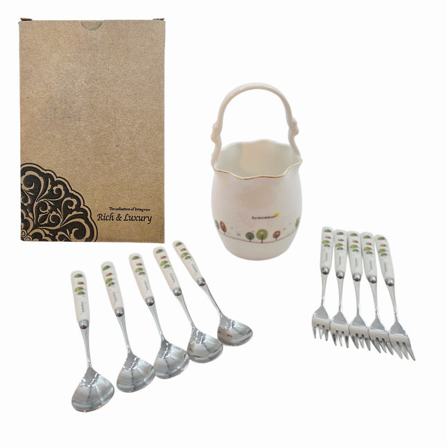 Golden Bell “Remember” Ceramic Utensil Holder (Large) W/ 5 Stainless Steel Fruit Forks & 5 Teaspoons – Made in Korea