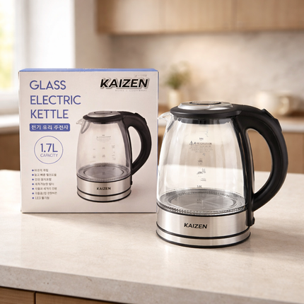 Kaizen 1.7L Electric Glass Kettle with Blue LED – Cordless Electric Kettle with 360° Rotating Power Base – Stainless Trim