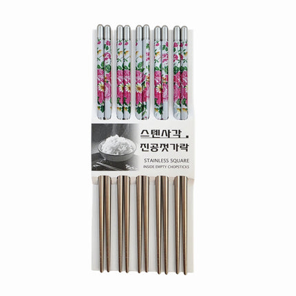 DASOM Lightweight Hollow Stainless Steel Chopsticks (5 Pairs) - Rounded Metal - White & Pink Floral Handle