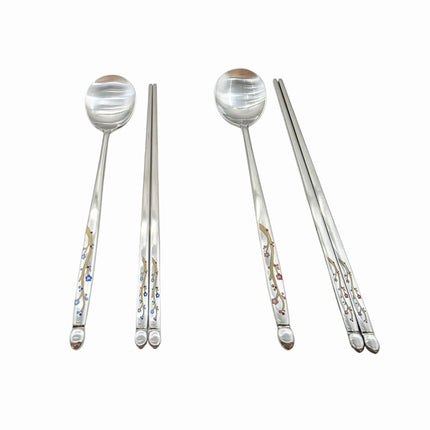 Golden Bell Korean 18/10 Stainless Steel Spoon & Chopsticks Set (2 Person Set) - Blue & Red Floral Vine Design Handle - Made in Korea