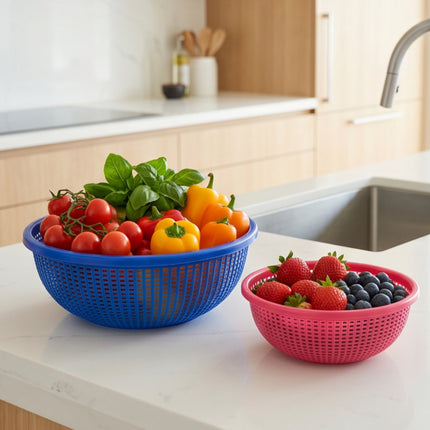 Compact Plastic Mesh Drain Basket Colander - 2 Colors (Blue or Red) - 2 Sizes (6.9" or 8.3") - Made in Korea