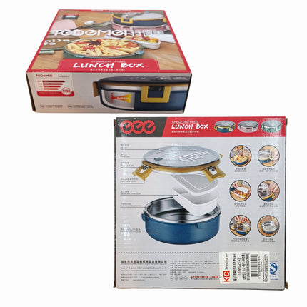 Stainless Steel Round Lunch Box (3 Colors: Blue/Yellow, Mint Green, Blush Pink) – 2-Tier – 920ml Leak-Lock Container