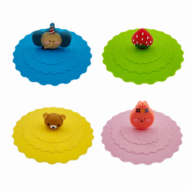 Home Art Silicone "Fashion" Cup Lids w/Cute Animal & Fruit Handles – Reusable Mug Covers (4 Colors)