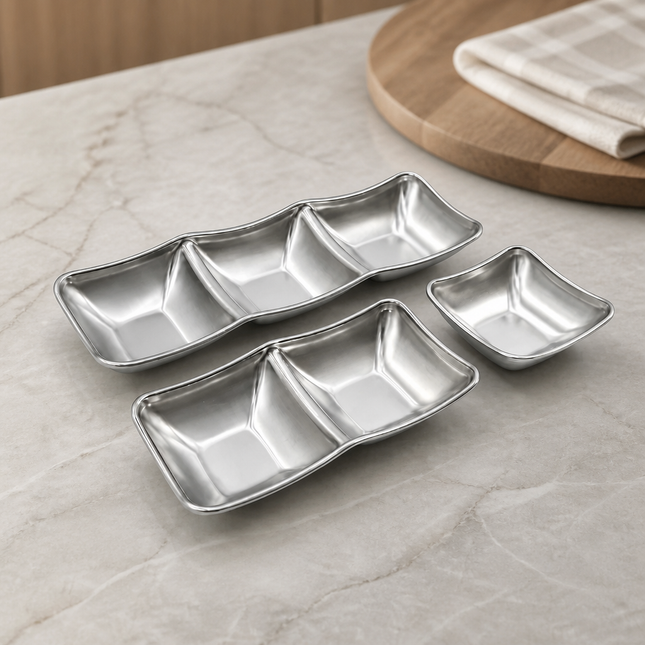 Stackable Stainless Steel Condiment Sauce Dish – 1, 2 & 3 Section Dipping Sauce Tray (3 Size Options)