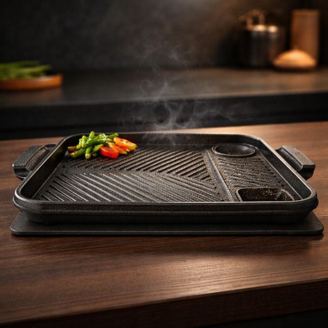 Queen Sense "Rexton" Jumbo Rectangular Korean BBQ Grill Pan with Side Wells 16.1 x 11.8 Inches - Made in Korea