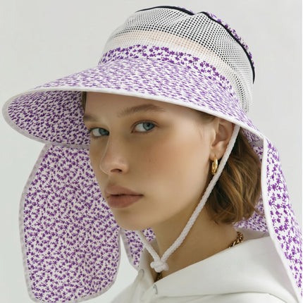 Floral Mesh Sun Cap – Wide Brim Sun Hat with Full Neck Coverage, Adjustable Chin Strap, Stretch Fit (4 Colors)