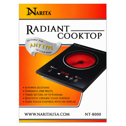 Narita Radiant Cooktop Electric Hot Plate - 1500W Ceramic Glass Countertop Burner - Touch Control - ETL Listed