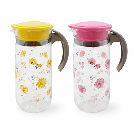Dasom Floral Glass Water Pitcher (1.4L) - (Pink or Yellow) - Glass Serving Bottle/Carafe