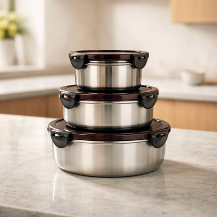 Home Art Stainless Steel Airtight Food Storage Containers (3 Sizes) – 4-Lock Leakproof Lid – Silicone Seal – Compact Kitchen Storage Bowls