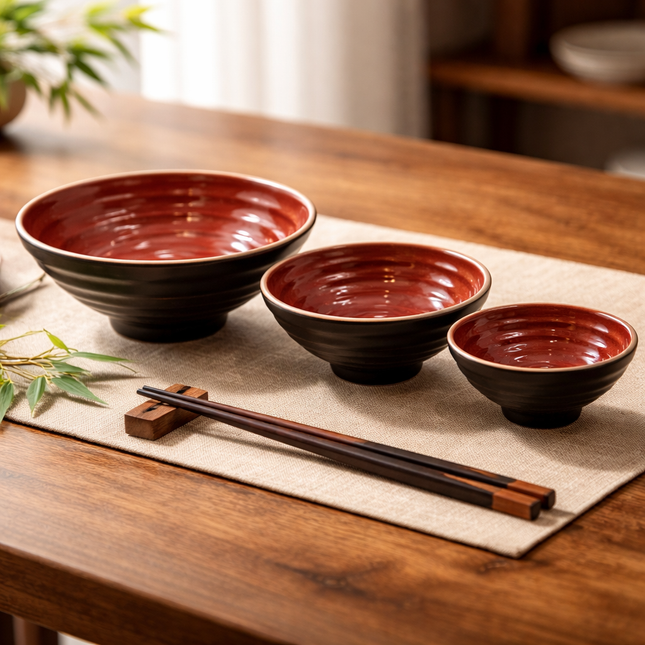 Traditional Red & Black Melamine Rice, Soup or Noodle Bowl – 3 Sizes (6.1", 7.5", or 8.5")