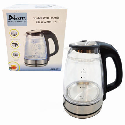 Narita Double Wall Glass Electric Kettle with Blue LED (1.7L) – Cordless Electric Kettle with 360° Rotating Power Base - Stainless Trim