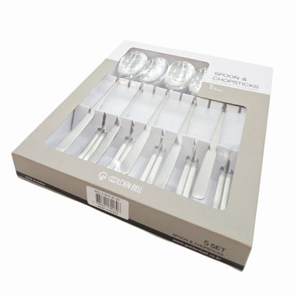 Golden Bell Korean 18/10 Stainless Steel Spoon & Chopsticks Set (5 Person Set) - Classic Plain Design - Made in Korea