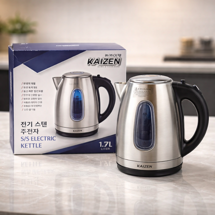 Kaizen 1.7L Stainless Steel Electric Kettle with Blue LED – Cordless Electric Kettle with 360° Rotating Power Base
