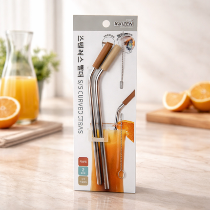 Kaizen Stainless Steel Curved Straws (x2) with Silicone Tips (x2) & Cleaning Brush (x1)