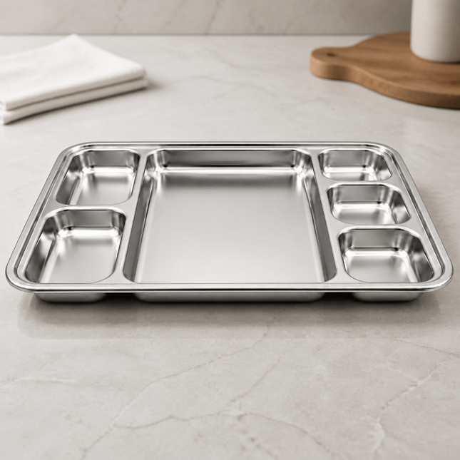 SUS304 Stainless Steel 6-Compartment Divided Serving Tray Plate, 8.25" x 11" (28 x 21 cm)