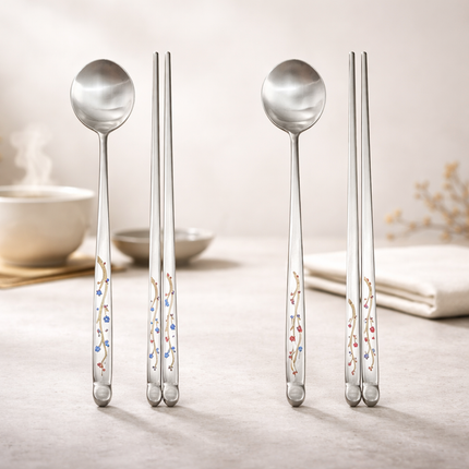 Golden Bell Korean 18/10 Stainless Steel Spoon & Chopsticks Set (2 Person Set) - Blue & Red Floral Vine Design Handle - Made in Korea