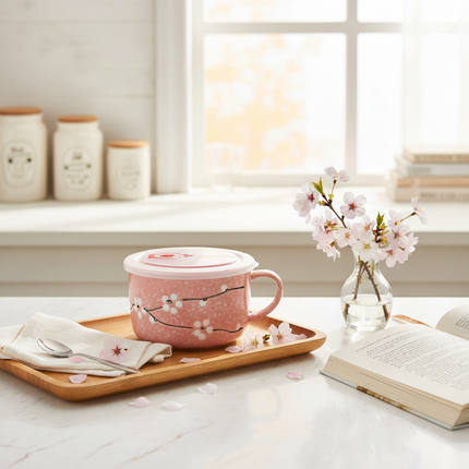 Home Art Ceramic Ramen & Food Bowl with Lid and Handle (Microwave/Freezer Safe)