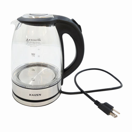Kaizen 1.7L Electric Glass Kettle with Blue LED – Cordless Electric Kettle with 360° Rotating Power Base – Stainless Trim