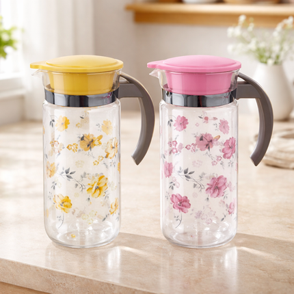Dasom Floral Glass Water Pitcher (1.4L) - (Pink or Yellow) - Glass Serving Bottle/Carafe
